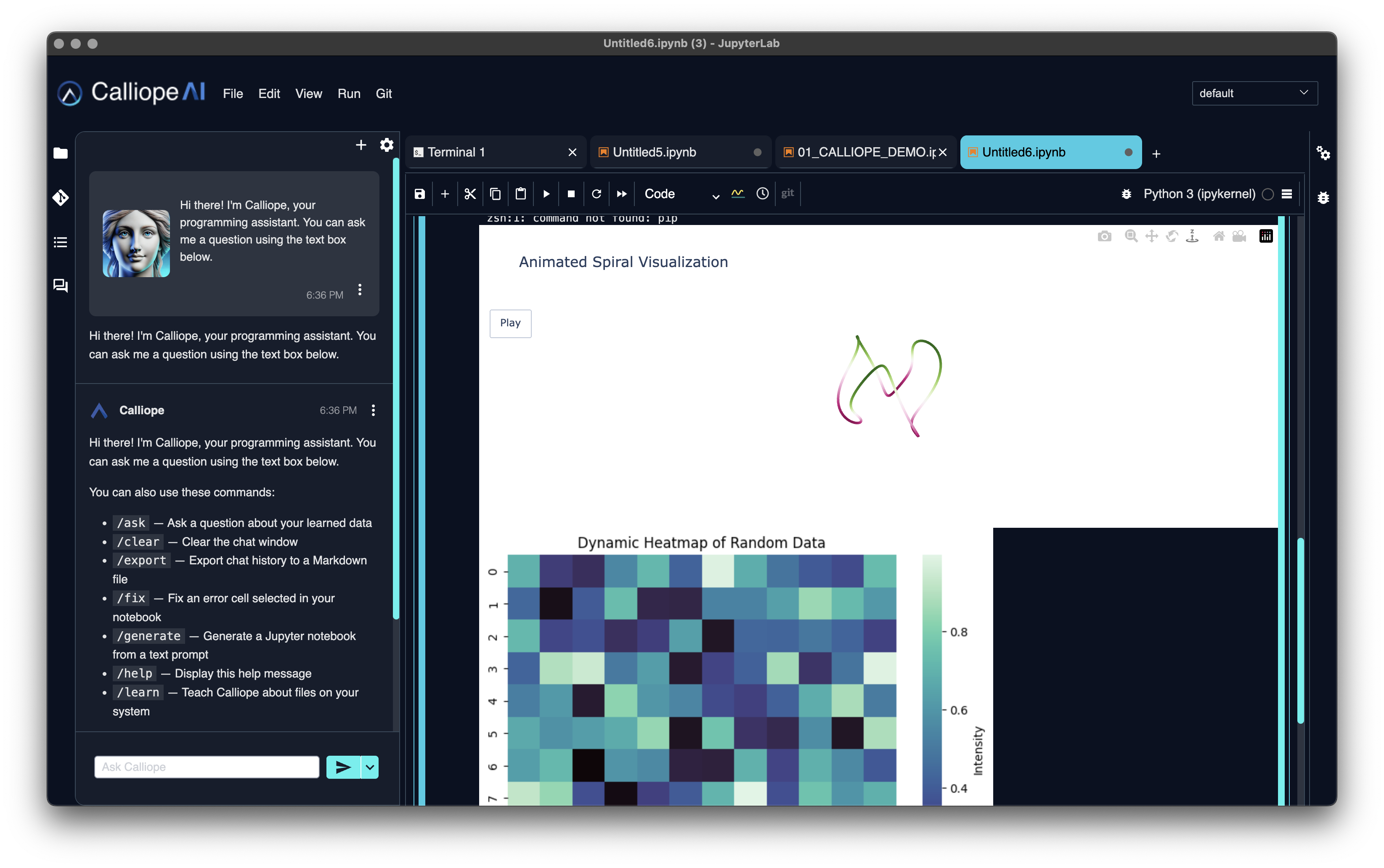 A Calliope notebook automatically generating an animated spiral visualization and a dynamic heatmap to communicate analysis findings