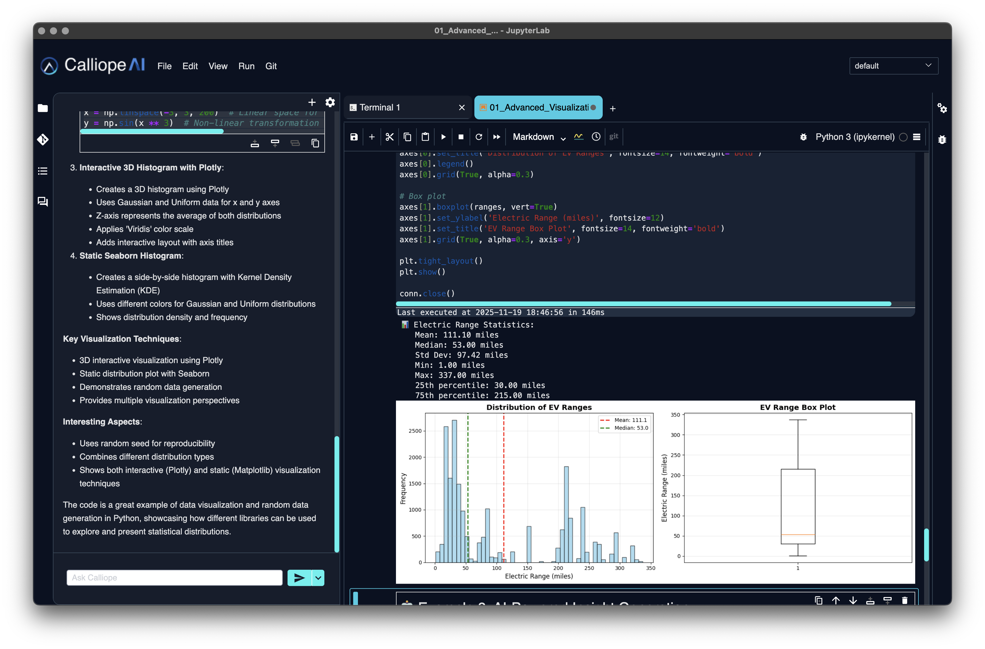 Calliope AI Lab's dark, purpose-built notebook interface rendering an electric-vehicle range distribution histogram and box plot