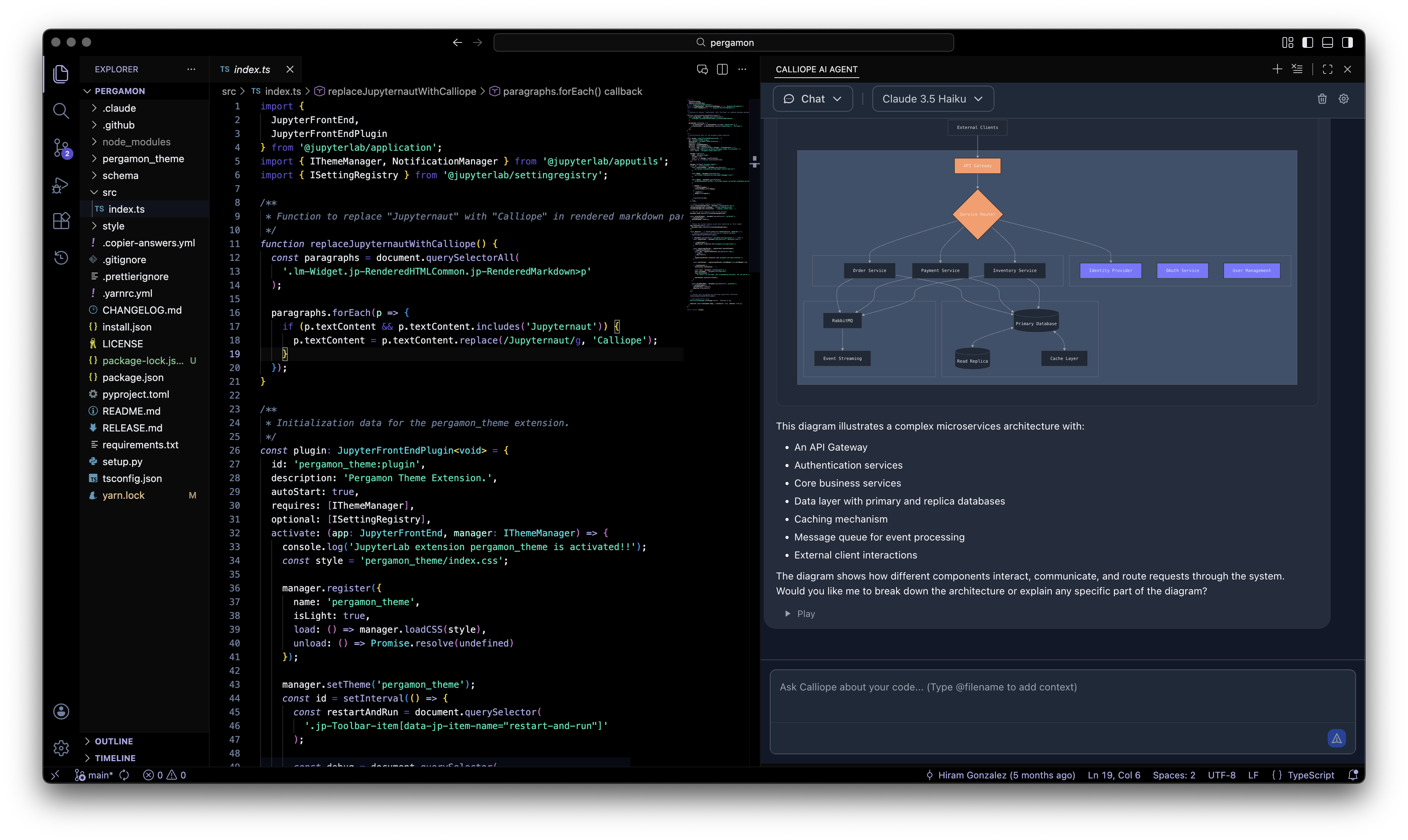 Calliope AI IDE agent panel rendering a microservices architecture diagram synthesized from research across the codebase