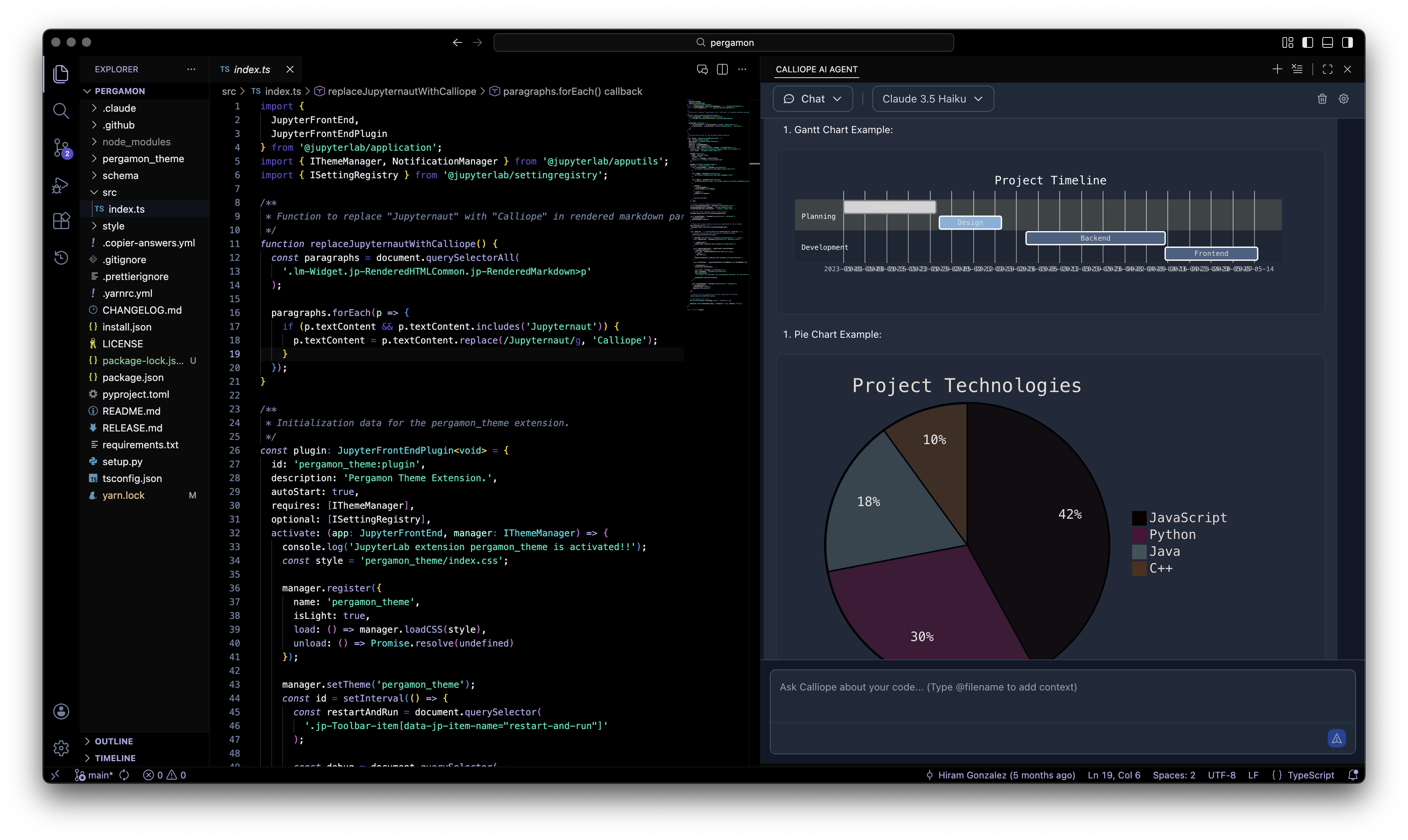 Calliope AI agent panel presenting a project timeline and a pie chart of technologies, synthesized from an iterative analysis of the data